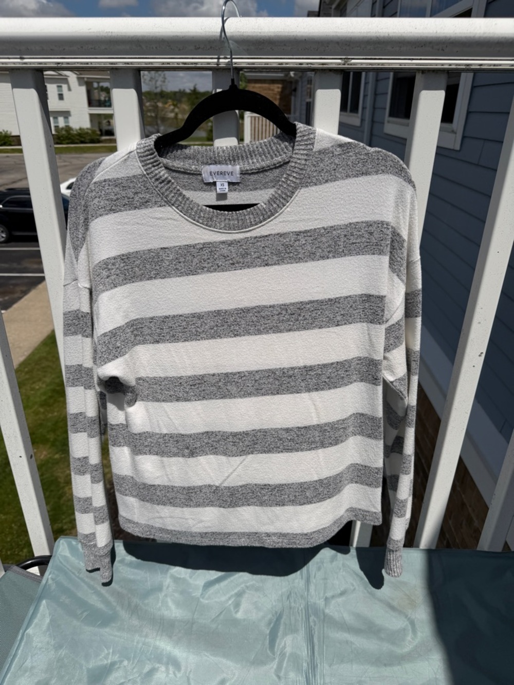 Evereve Gray and White Striped Long Sleeve Crewneck
